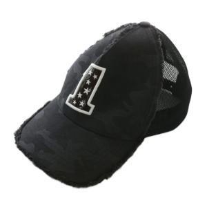 帽子 キャップ メッシュ ダメージ加工 迷彩柄 カモフラ ナンバリング 星 スター 刺繍 ワッペン 黒