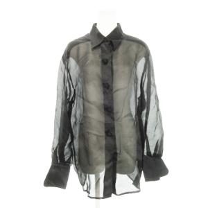 シアーシャツ 長袖 シルク 絹 デザインボタン ダブルカフス 44 L 黒 ブラック /AH18 GY37