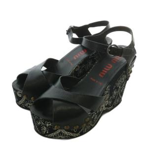 サンダル レザー オープントゥ ウェッジソール 総柄 スタッズ 36 23cm 黒 ブラック /XZ GY37