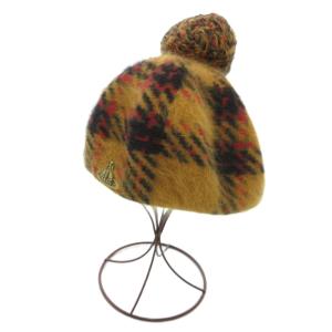 ニット帽 チェック柄 ボンボン アンゴラ M イエロー