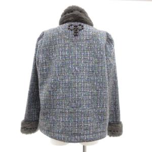 伊太利屋 ハーフコート ジャケット ツイード フェイクファー 9 グレー 青 ブルー /JS