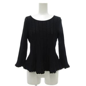 ニット カットソー 透かし編み リブ 裾フリル 七分袖 40 黒 ブラック /NU