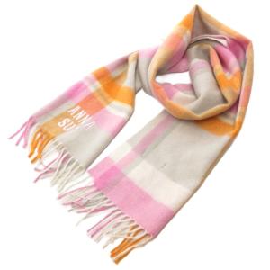 マフラー ストール チェック柄 ロゴ 刺繍 フリンジ ウール マルチカラー /AE