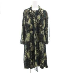 ワンピース ひざ丈 長袖 総柄 絹 シルク M 黒 ブラック 緑 グリーン /GV GY44