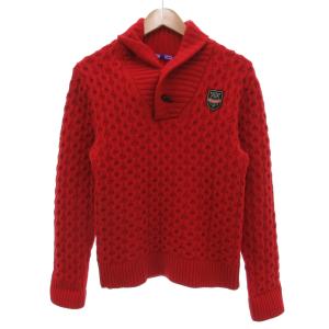 ニット セーター 長袖 ショールカラー ロゴ ウール M 赤 レッド /JS GY44