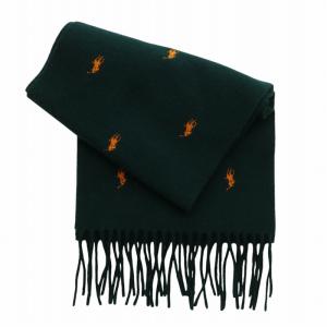 POLO RALPH LAUREN マフラー ストール ウール フリンジ ポニー ロゴ 刺繍 総柄 緑 グリーン オレンジ /XZ GY03