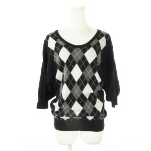 ニット セーター デコルテ 七分袖 コットン カシミヤ アーガイル インターシャ 38 M 黒 ブラック