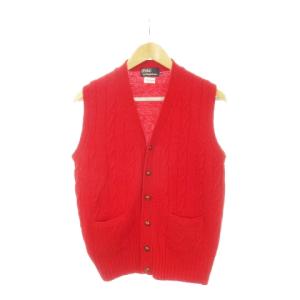 ベスト ジレ ニット 前開き Vネック ウール アラン柄 M 赤 レッド /AH14