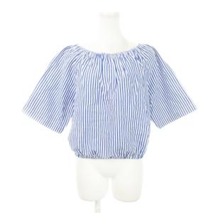 半袖ブラウス オフショルダー デコルテ 半袖 3way リネン混 麻 バルーンシルエット ストライプ 青