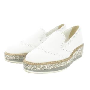 厚底スリッポン レザー 革 メダリオン ウイングチップ グリッター 23cm 白 ホワイト /AO3 GY12