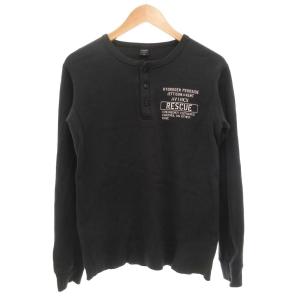 ロングスリーブ ハニカム ワッフル ヘンリーネック Tシャツ 長袖 ロゴ プリント M 黒 ブラック 6183500