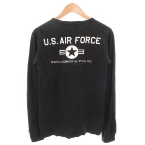 AVIREX ロングスリーブ ハニカム ワッフル ヘンリーネック Tシャツ 長袖 ロゴ プリント M 黒 ブラック 6183500