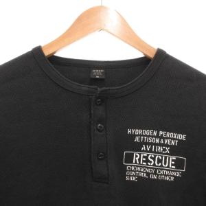 AVIREX ロングスリーブ ハニカム ワッフル ヘンリーネック Tシャツ 長袖 ロゴ プリント M 黒 ブラック 6183500