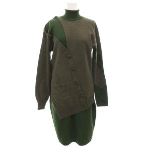 ニットワンピース ひざ丈 長袖 タートルネック 変形 カーディガン風 ウール イタリア製 カーキ /GV