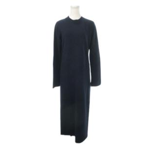 ニットワンピース ロング クルーネック 長袖 バックスリット 紺 ネイビー /MN14