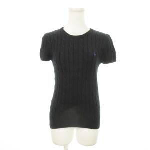 ニット セーター ラウンドネック 半袖 コットン ケーブル編み ロゴ刺繍 L 黒 ブラック /MN18