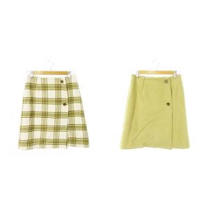 リバーシブルスカート 台形 タイト ミニ ウール チェック 総柄 38 M 黄 イエロー /AH15