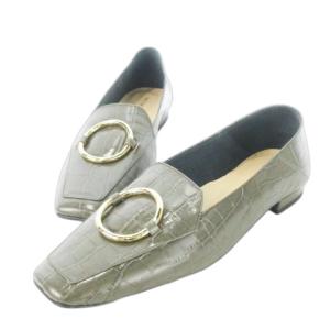 ローファー スリッポン レザー 革 クロコ型押し スクエアトゥ リング装飾 24.5cm 緑 カーキ /CK20