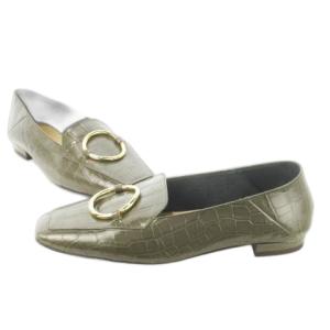 himiko ローファー スリッポン レザー 革 クロコ型押し スクエアトゥ リング装飾 24.5cm 緑 カーキ /CK20