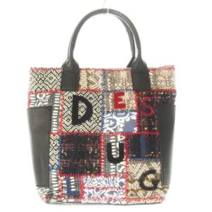 ハンドバッグ 2way ショルダーバッグ パッチワーク ツイード ファブリック レザー 革 ロゴ刺繍 ビーズ