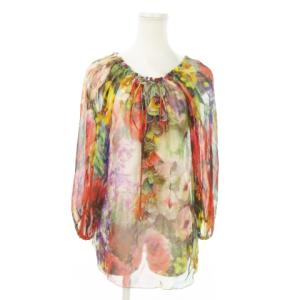 シルクブラウス ギャザーネック 七分袖 絹 シースルー 透け感 フリル 花柄 総柄 リボン ラインストーン