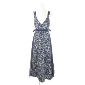 サイドプリーツワンピース ロング Vネック ノースリーブ 花柄 2 M 紺 ネイビー /AH6