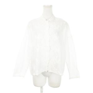シャツ バンドカラー 長袖 刺繍 レース コットン 花柄 フラワー 白 ホワイト /AH8