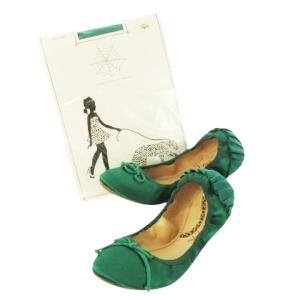 バレエシューズ フラットシューズ サテン リボン プリーツ タイツ付き 35 22.0cm 緑 グリーン