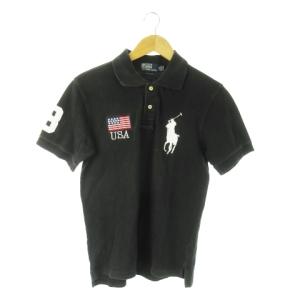 ポロシャツ 半袖 コットン 星条旗 ロゴ刺繍 ビッグポニー M 黒 ブラック /AO10