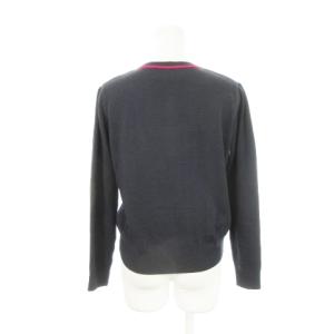 Chesty ニットカーディガン ラウンドネック 長袖 ウール混 切り替え 鳥 花柄 フェイクパールボタン F 紺 ネイビー