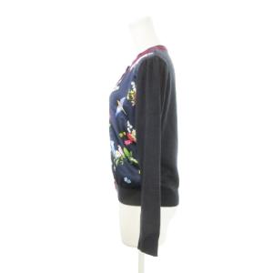 Chesty ニットカーディガン ラウンドネック 長袖 ウール混 切り替え 鳥 花柄 フェイクパールボタン F 紺 ネイビー