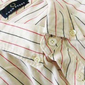 FRED PERRY ボタンダウンシャツ 半袖 ニット ロゴ刺繍 ストライプ L ベージュ /CK37