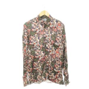 長袖シャツ とろみ感 ボタニカル フラワー 花柄 総柄 L 緑 カーキ /AH19