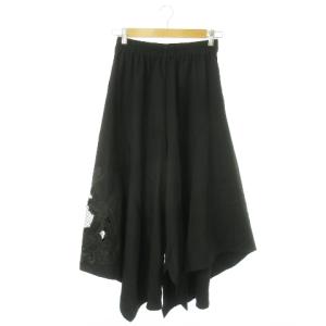 ワイドパンツ スカーチョ ヘムライン レース 刺繍 時計 蝶々 百合 花柄 ウエストゴム M 黒 ブラック