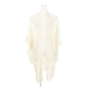 総レースカーディガン ガウン トッパー 七分袖 花柄 フリンジ PS ベージュ /AH8