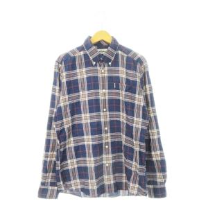 ボタンダウンシャツ 長袖 コットン チェック 総柄 M 紺 ネイビー /AH25