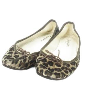 バレエシューズ パンプス フラット ベロア リボン レオパード ヒョウ柄 37.5 24cm 茶 ブラウン