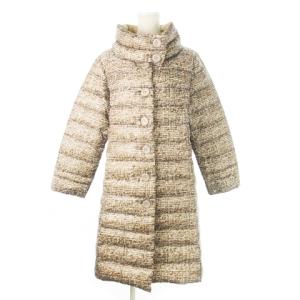 ダウンコート スタンドカラー ロング 軽量 プリントニット柄 ロゴ刻印ボタン 大きいサイズ XXL 茶