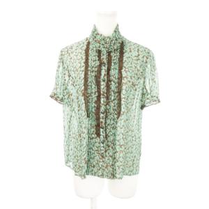 ブラウス シャツ スタンドカラー 半袖 レース ギャザー ドット 総柄 大きいサイズ 13 緑 グリーン