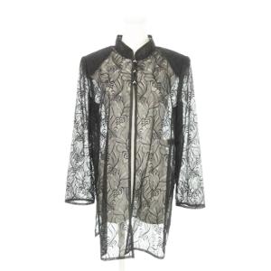 シアーシャツ スタンドカラー 長袖 刺繍 リーフ ボタニカル 総柄 サイドスリット 11 黒 ブラック