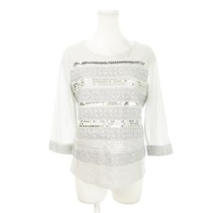 メッシュカットソー ラウンドネック 七分袖 ストレッチ スパンコール レース 大きいサイズ 13 グレー