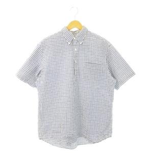 ボタンダウンシャツ 半袖 ハーフボタン サッカー生地 ギンガムチェック M 青 ブルー /AH13