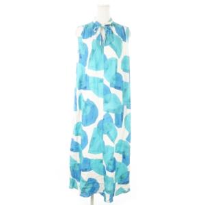 ロングワンピース ノッチネック ノースリーブ リボン 総柄 36 S 緑 グリーン /AO20 GY99