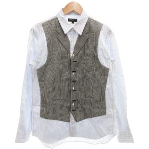 ランダムコラージュ期 ドッキング シャツ ジレ ベスト 長袖 ストライプ XS 青 ブルー グレー PD-B005