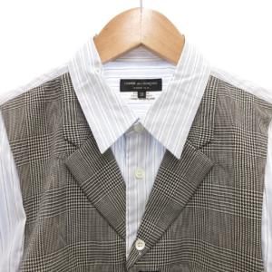 COMME des GARCONS HOMME PLUS ランダムコラージュ期 ドッキング シャツ ジレ ベスト 長袖 ストライプ XS 青 ブルー グレー PD-B005