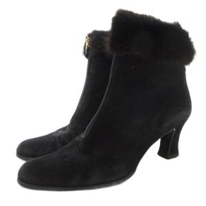 ショートブーツ ヒール バックジップ スエード ポインテッドトゥ ミンクファー 36 黒 ブラック /GV
