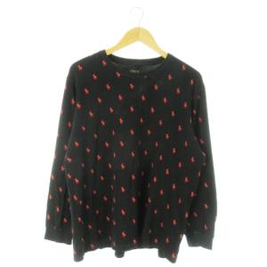 Tシャツ カットソー ロンT ラウンドネック 長袖 コットン ポニーロゴ 総柄 LL 黒 ブラック /AO13