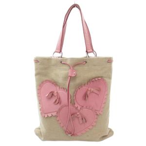 トートバッグ ハートモチーフ キャンバス レザー ベージュ ピンク /AE GY30