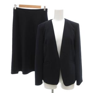 20SS ドライダブルクロス ノーカラージャケット フレアスカート スーツ セットアップ 36 紺 ネイビー