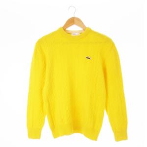 ニット セーター クルーネック 丸首 長袖 羊毛 ウール ケーブル編み ワニロゴ ライン S 黄 イエロー